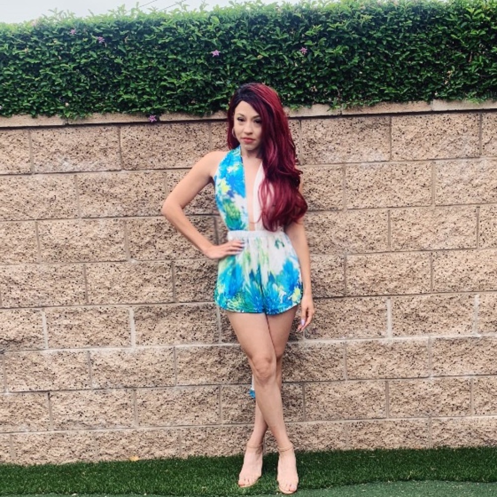 “Flower Child” Romper (Spring floral backless romper blue and white shorts)